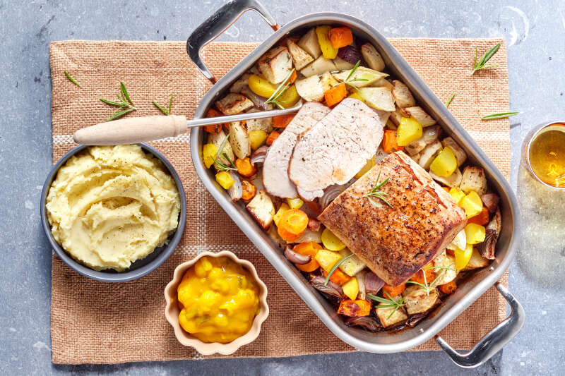 Recette pour Rôti de porc au four, carottes, panais et navets | Bio